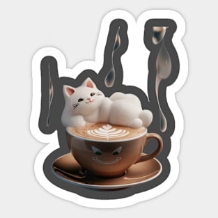 Above the cup the word café  3D latte art features a charming cat with a contented expression Sticker
